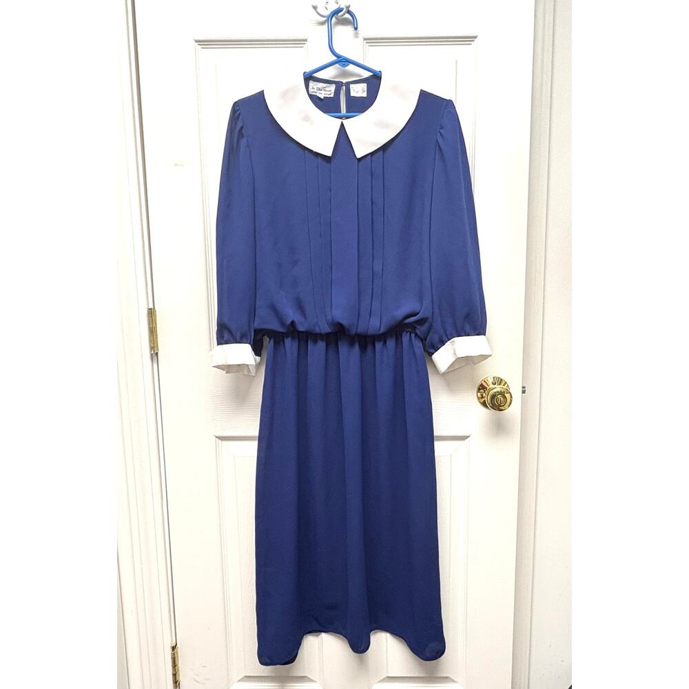 In The Mood Navy Dress White Collar Sheer Sleeves Midi Elastic Waist Size 12